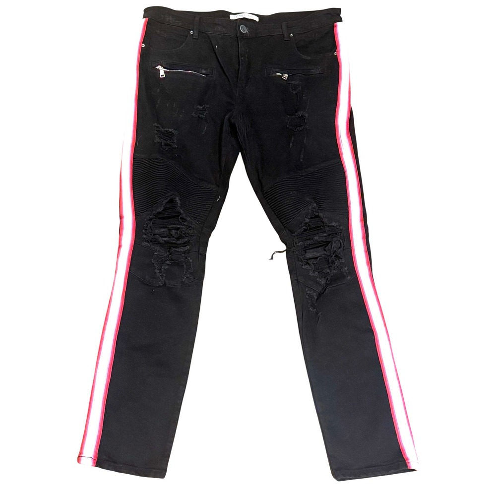 Embellish NYC Mens Black Biker Jeans 38 Pink White Stripe Distressed Moto